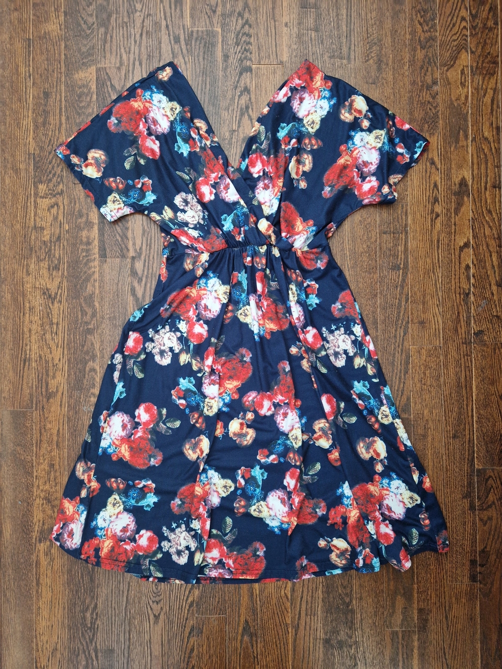 Women's Navy and Floral Faux Wrap Knee-Length Dress